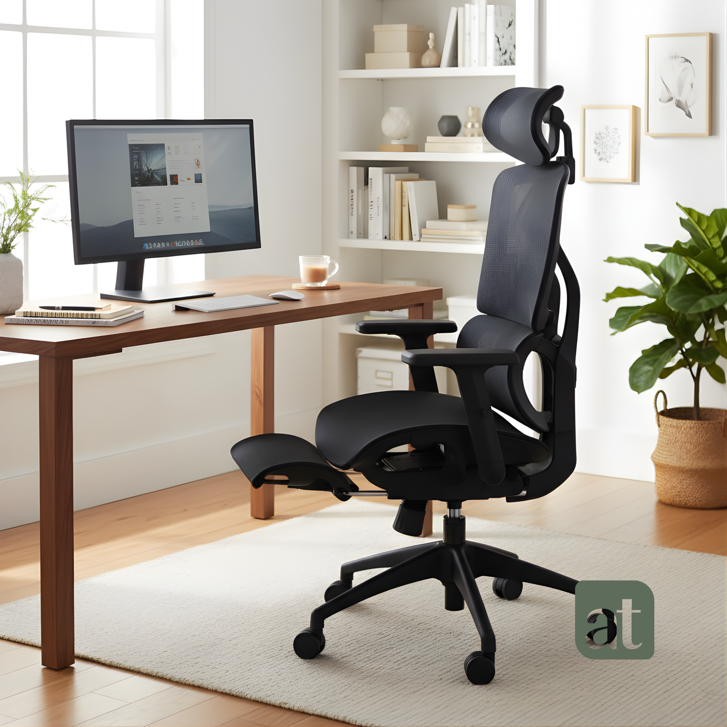 Silla Oficina Ergonómica Soporte Lumbar Silla de Malla para Oficina Asiento Ajustable Negra con reposapies