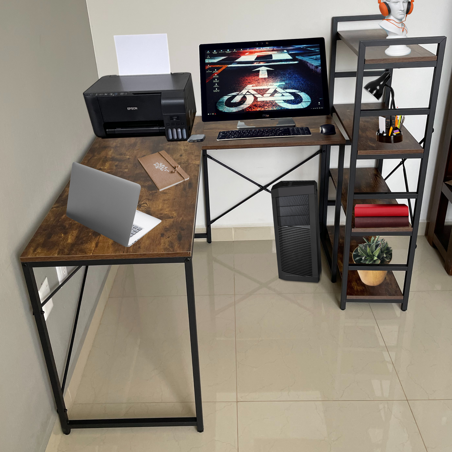 Escritorio en L Café Oscuro + Estantería con 4 niveles Café Oscuro