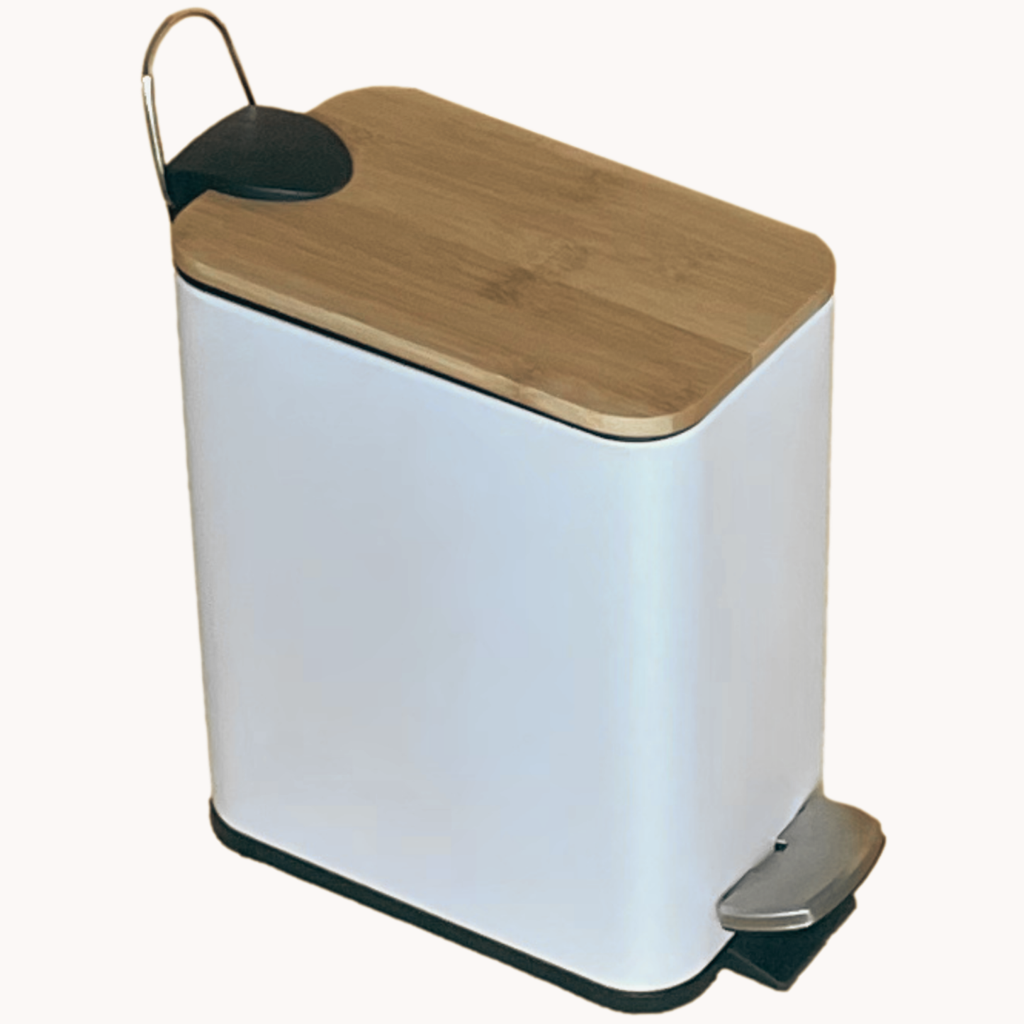 Bote de basura de acero inoxidable blanco tapa de bamboo 5 Litros con pedal