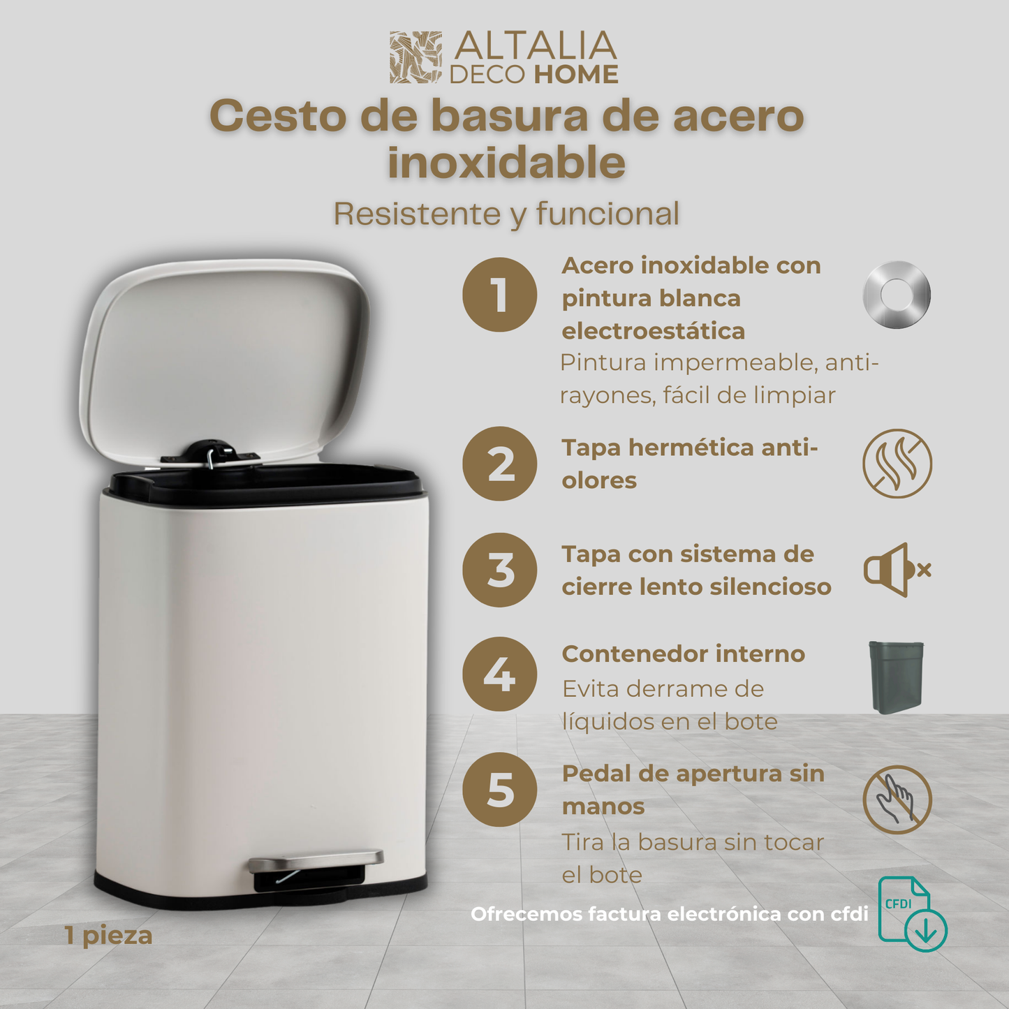 Bote de basura de acero inoxidable blanco 5 y 12 Litros con pedal y tapa
