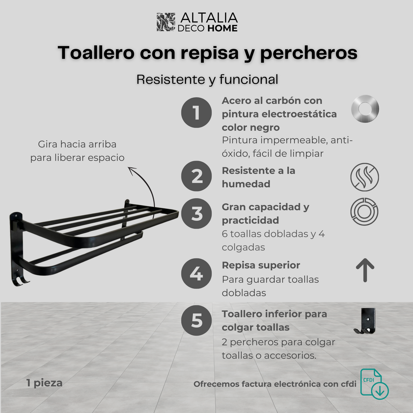 Toallero para baño Porta Toallas de Pared con repisa y Ganchos