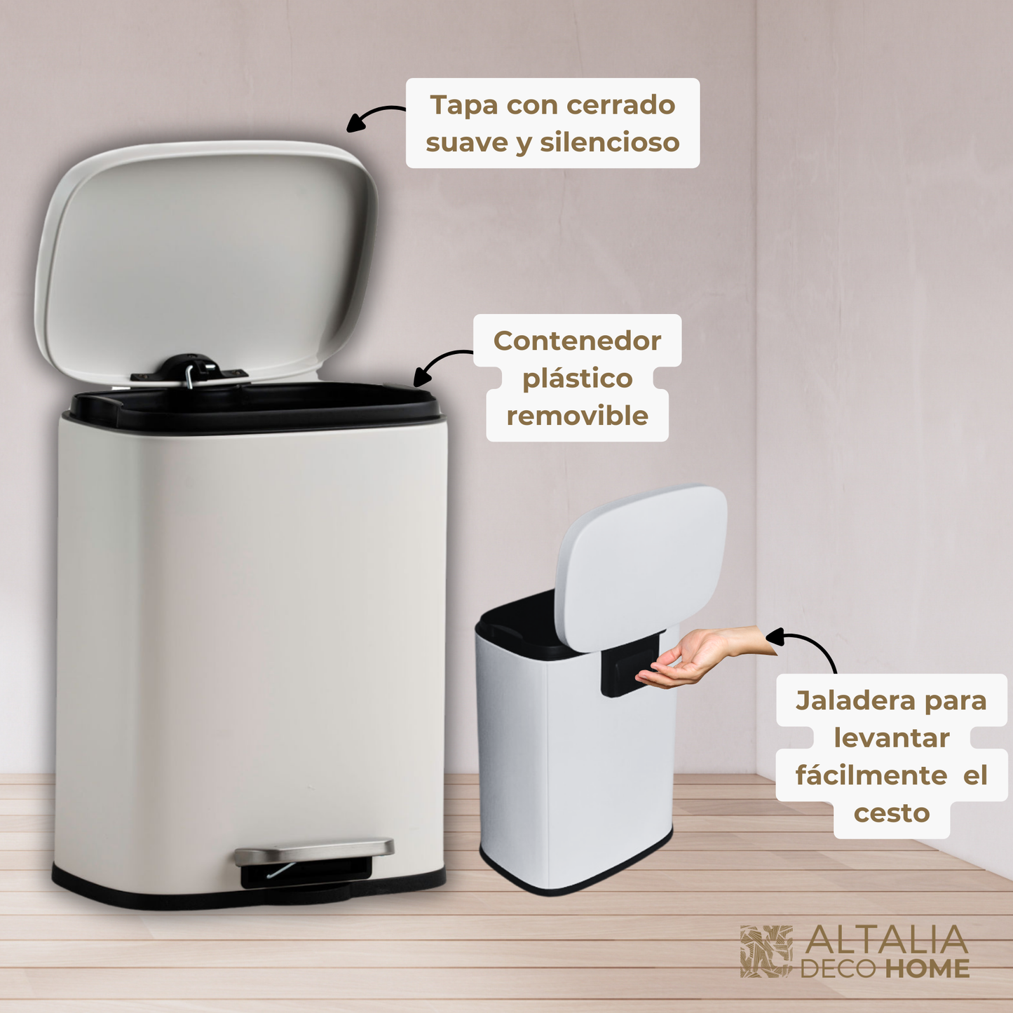 Bote de basura de acero inoxidable blanco 5 y 12 Litros con pedal y tapa