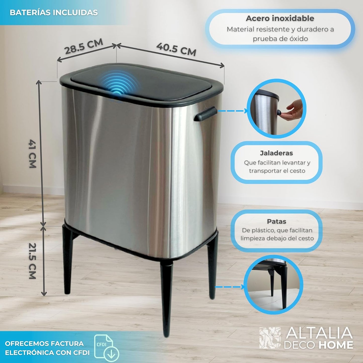 Bote de Basura Inteligente con Sensor Smart trash 33lt elevado