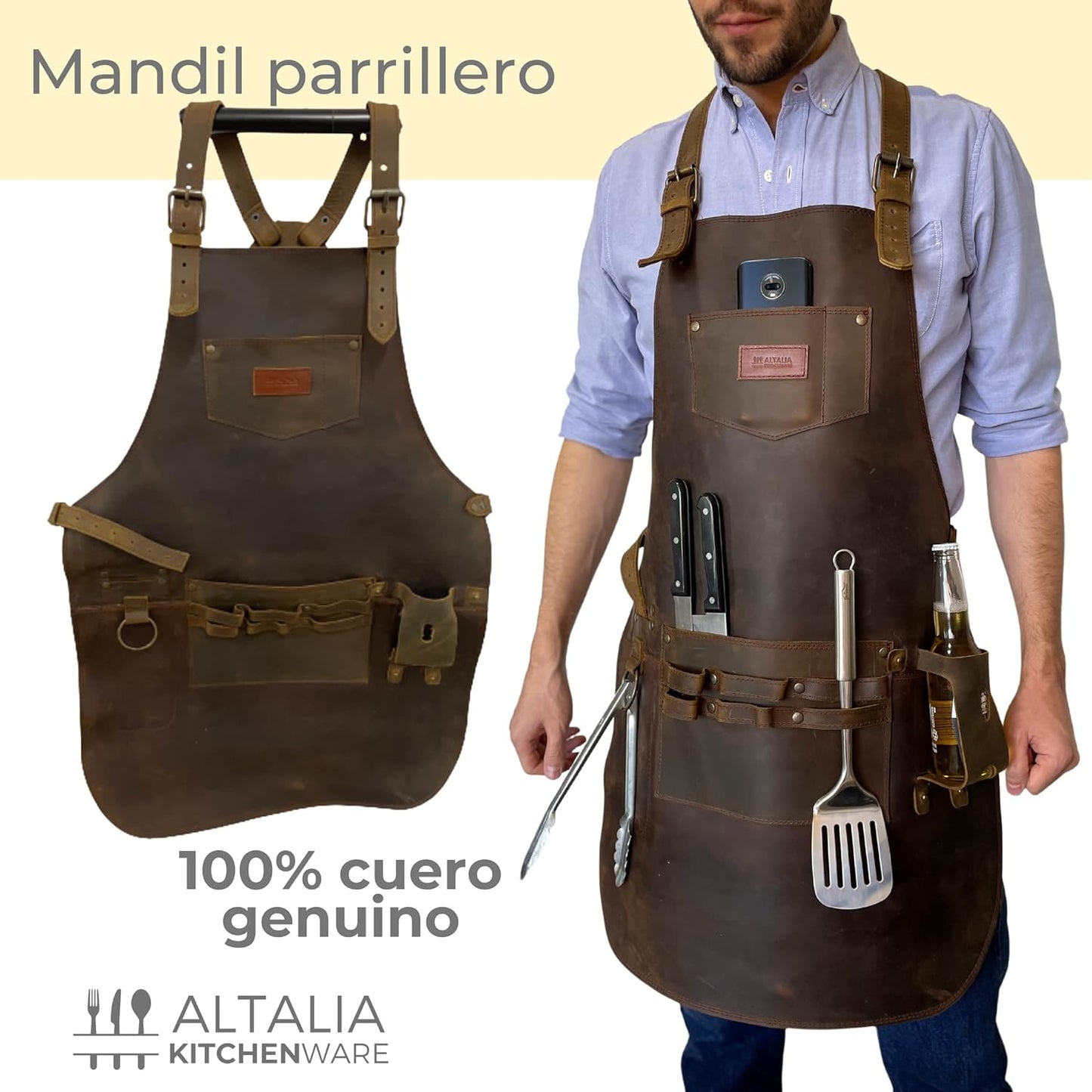 Mandil parrillero hombre Delantal de cuero piel genuina para carne asada