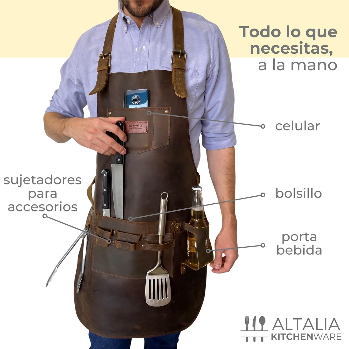 Mandil parrillero hombre Delantal de cuero piel genuina para carne asada