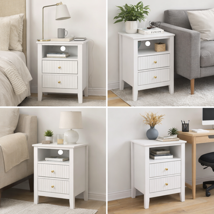 ALTALIA DECO HOME Buró de Madera - Buros para recamara Estilo Moderno Contemporáneo - Mesa de Noche 2 Cajones con Herrajes Dorados y 1 Repisa - Buro para Recámara o Sala Mesita Auxiliar (Blanco)