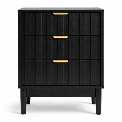 ALTALIA DECO HOME Buró para Recámara Moderno - Mesa de Noche 3 Cajones Almacenamiento - Buro Minimalista Lambrín - 60x48x40cm - Buro Madera MDF - Buros Recámara Mesita Noche Auxiliar (Negro 3 Cajones)