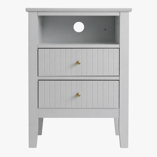 ALTALIA DECO HOME Buró de Madera - Buros para recamara Estilo Moderno Contemporáneo - Mesa de Noche 2 Cajones con Herrajes Dorados y 1 Repisa - Buro para Recámara o Sala Mesita Auxiliar (Blanco)