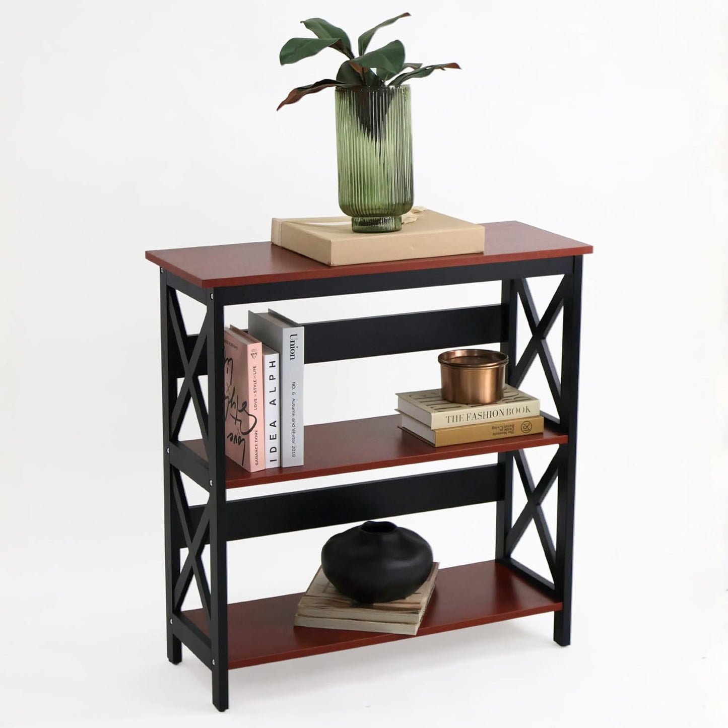 Credenza Recibidor Moderna - Mesa para Recibidor Entrada con 3 Repisas de Madera (Negro con café)