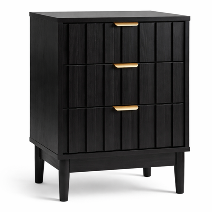 ALTALIA DECO HOME Buró para Recámara Moderno - Mesa de Noche 3 Cajones Almacenamiento - Buro Minimalista Lambrín - 60x48x40cm - Buro Madera MDF - Buros Recámara Mesita Noche Auxiliar (Negro 3 Cajones)