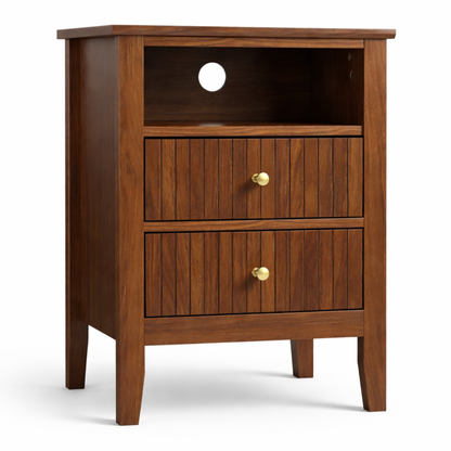 ALTALIA DECO HOME Buró de Madera - Buros para recamara Estilo Moderno Contemporáneo - Mesa de Noche 2 Cajones con Herrajes Dorados y 1 Repisa - Buro para Recámara o Sala Mesita Auxiliar (Café Nogal)