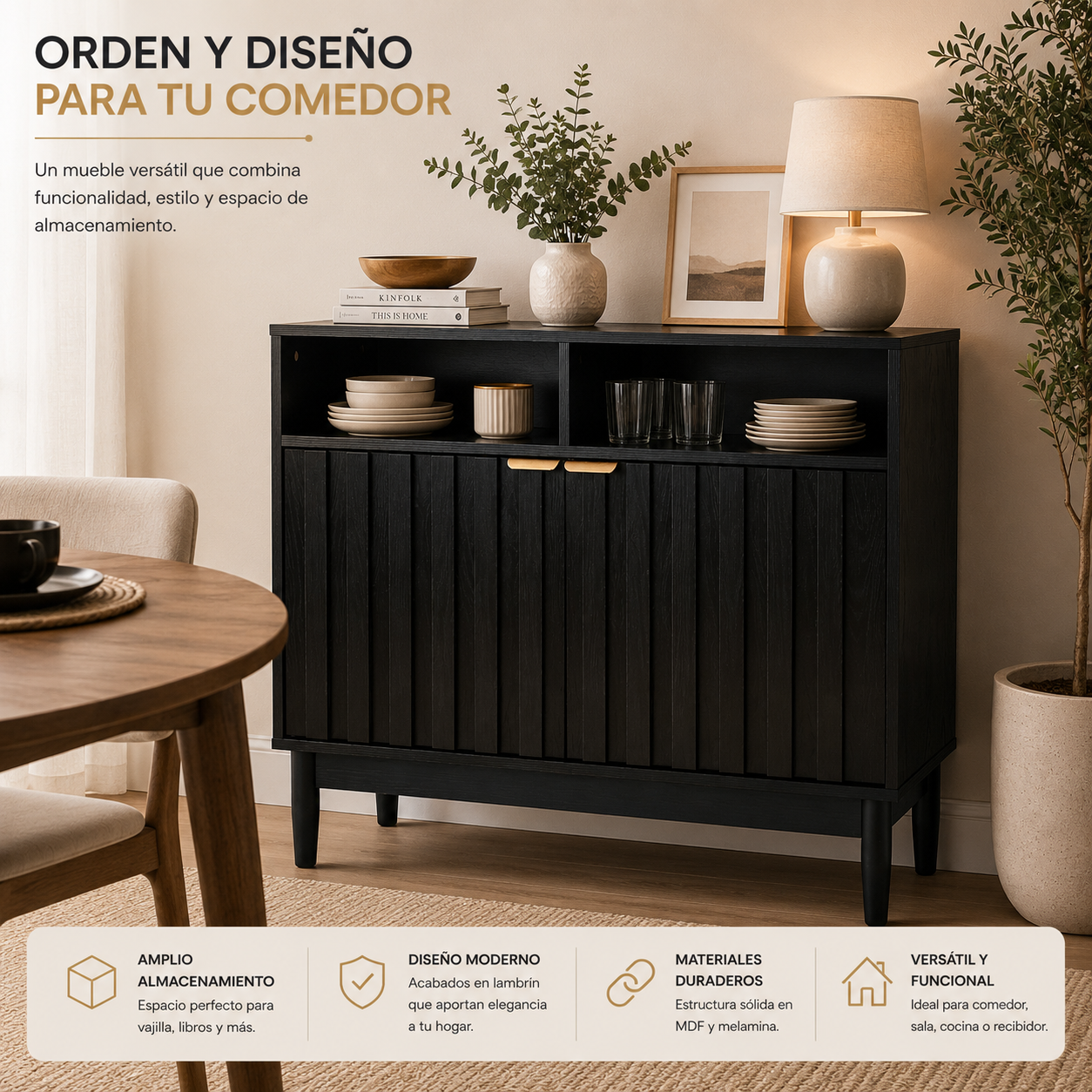Credenza Bufetera de Madera 88x40x81cm - Trinchador para Comedor con 2 Puertas y Repisas Abiertas - Acabados en Lambrín - Mueble Versátil para Sala, Cocina, Recibidor