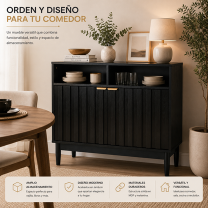 Credenza Bufetera de Madera 88x40x81cm - Trinchador para Comedor con 2 Puertas y Repisas Abiertas - Acabados en Lambrín - Mueble Versátil para Sala, Cocina, Recibidor