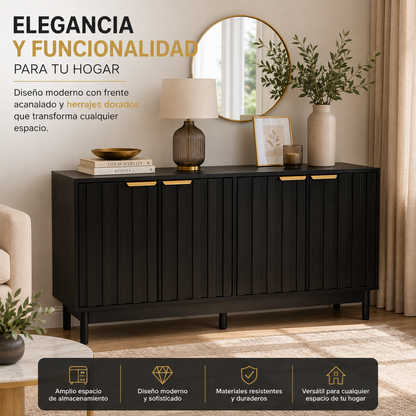 Credenza Bufetera Mueble para Comedor 4 Puertas - Aparador Recibidor Grande 140x40x81 cm - Frente Acanalado Lambrín - Herrajes Dorados - Buffetera para Sala/Recibidor