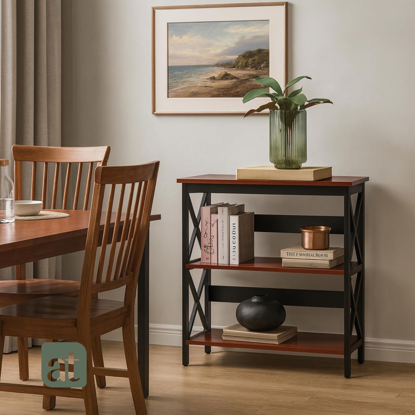 Credenza Recibidor Moderna - Mesa para Recibidor Entrada con 3 Repisas de Madera (Negro con café)