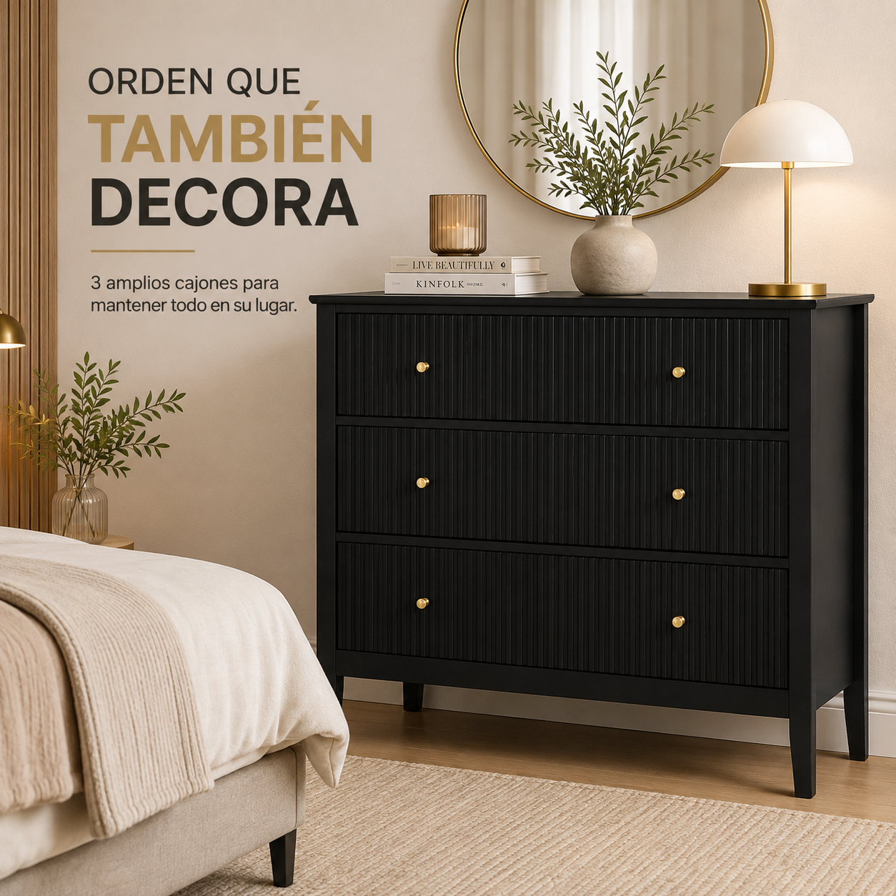 Cajonera para Recamara 90x40x80 cm - Cómoda Cajonera de 3 Cajones Madera de MDF - Muebles Versátiles para Ropa, Comoda Cambiador para Bebe, Mueble TV, Recibidor, Credenza