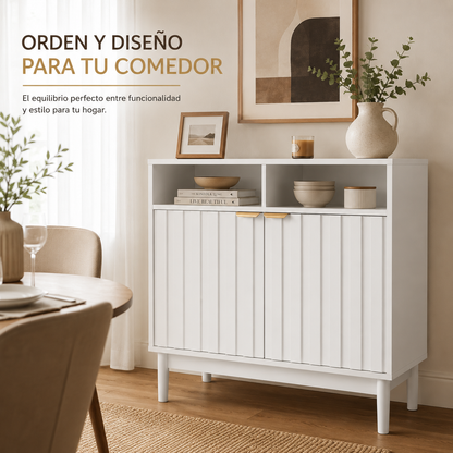Credenza Bufetera de Madera 88x40x81cm - Trinchador para Comedor con 2 Puertas y Repisas Abiertas - Acabados en Lambrín - Mueble Versátil para Sala, Cocina, Recibidor