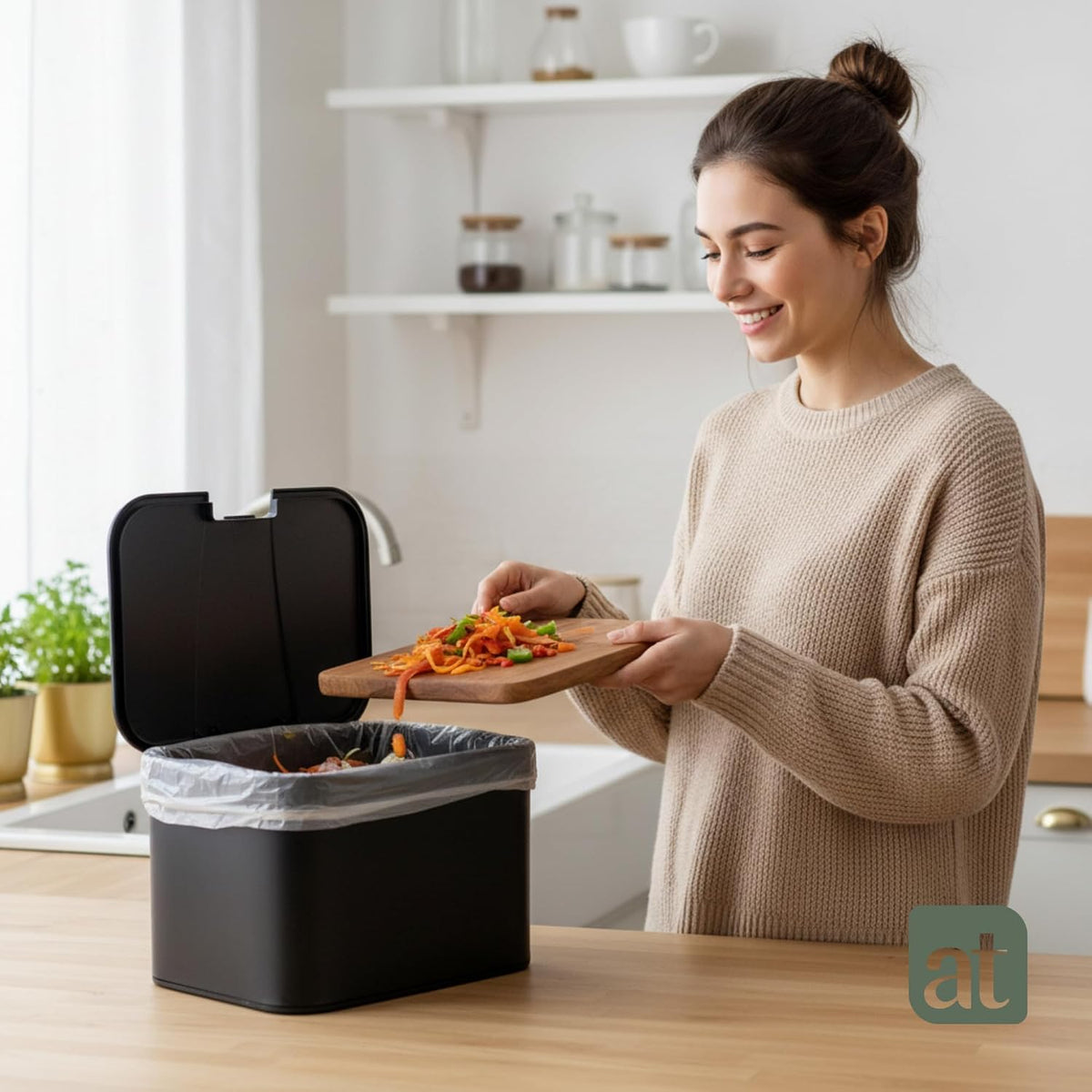 Bote de basura Negro pequeño de repisa para cocina 5 Litros con tapa
