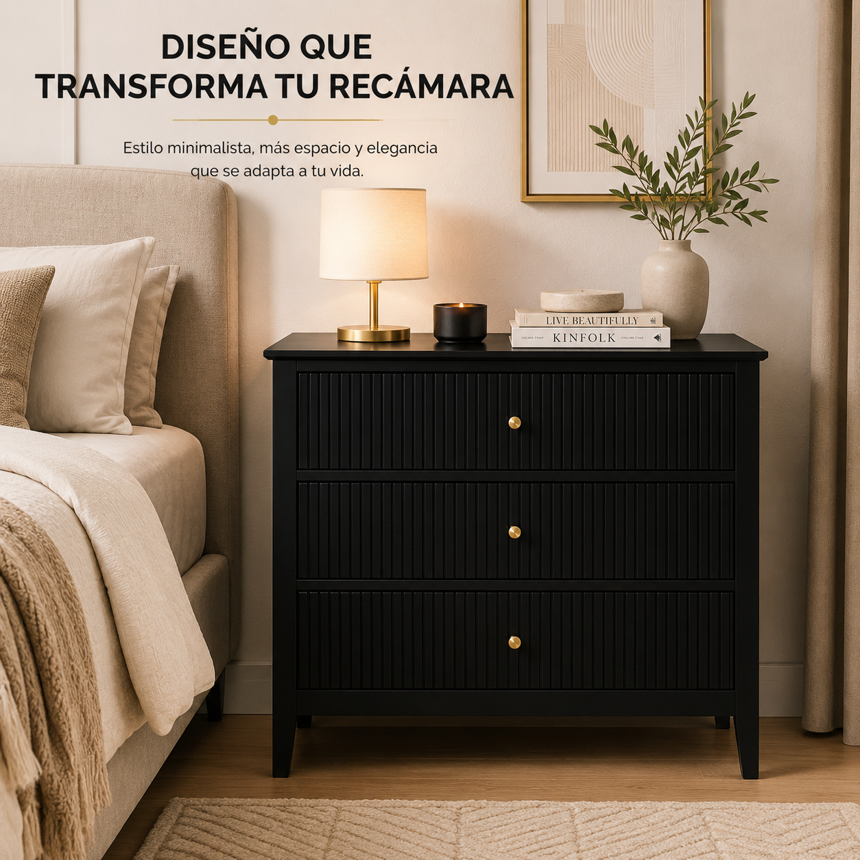 Buró para Recámara Minimalista - Buros Muebles para recamara Anchos, cajonera Mediana de Madera MDF con 3 Cajones - Mesa Auxiliar - 65x40x61.5 cm - Mesa de Noche Ancha