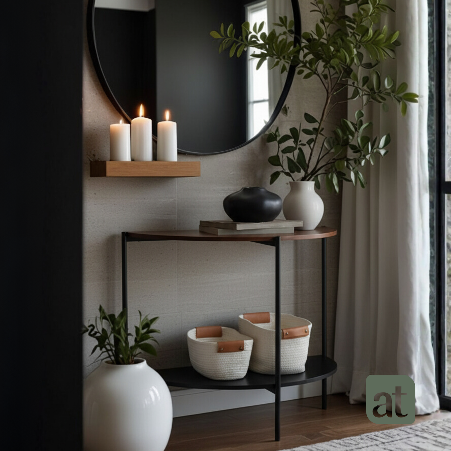 Credenza/Recibidor de 2 repisas café y nogal