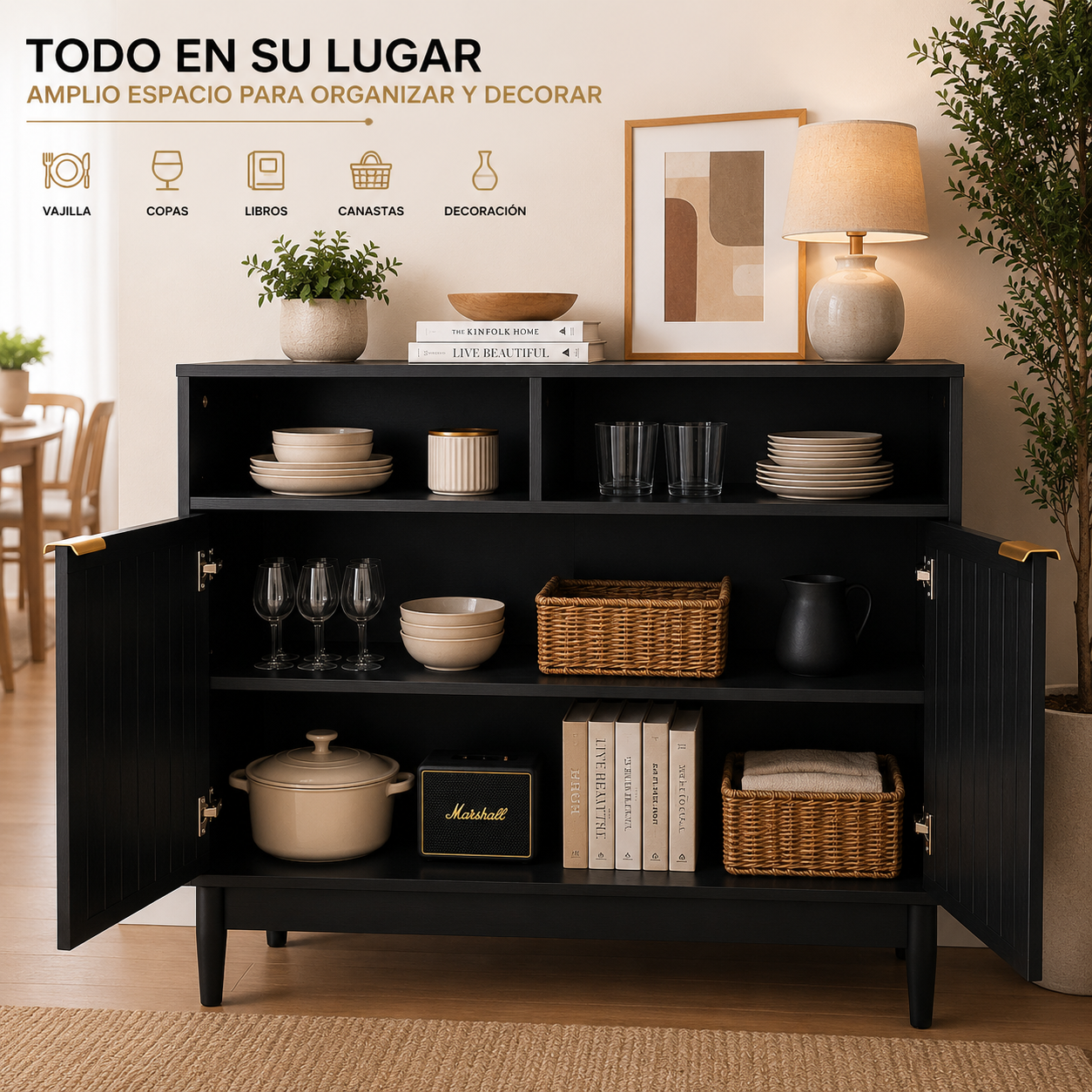 Credenza Bufetera de Madera 88x40x81cm - Trinchador para Comedor con 2 Puertas y Repisas Abiertas - Acabados en Lambrín - Mueble Versátil para Sala, Cocina, Recibidor