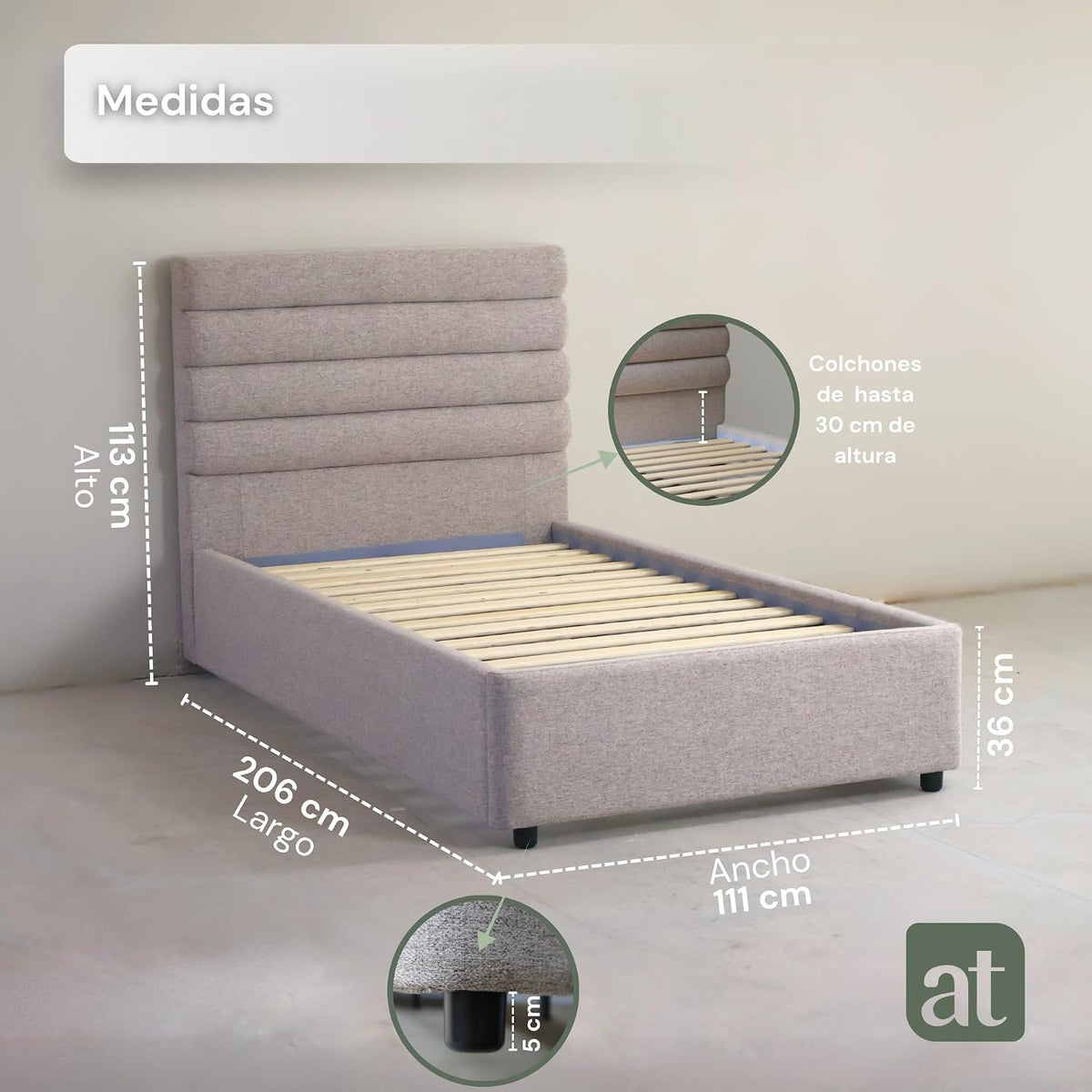Base Cama con Cabecera Recamara Fácil Armado INDIVIDUAL