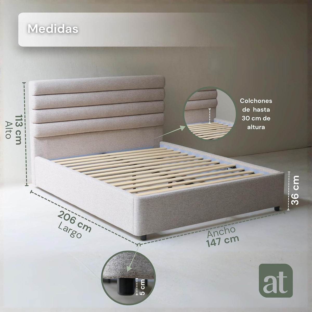 Base Cama con Cabecera Recamara Fácil Armado MATRIMONIAL