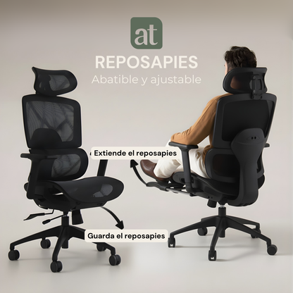 Silla Oficina Ergonómica Soporte Lumbar Silla de Malla para Oficina Asiento Ajustable Negra con reposapies