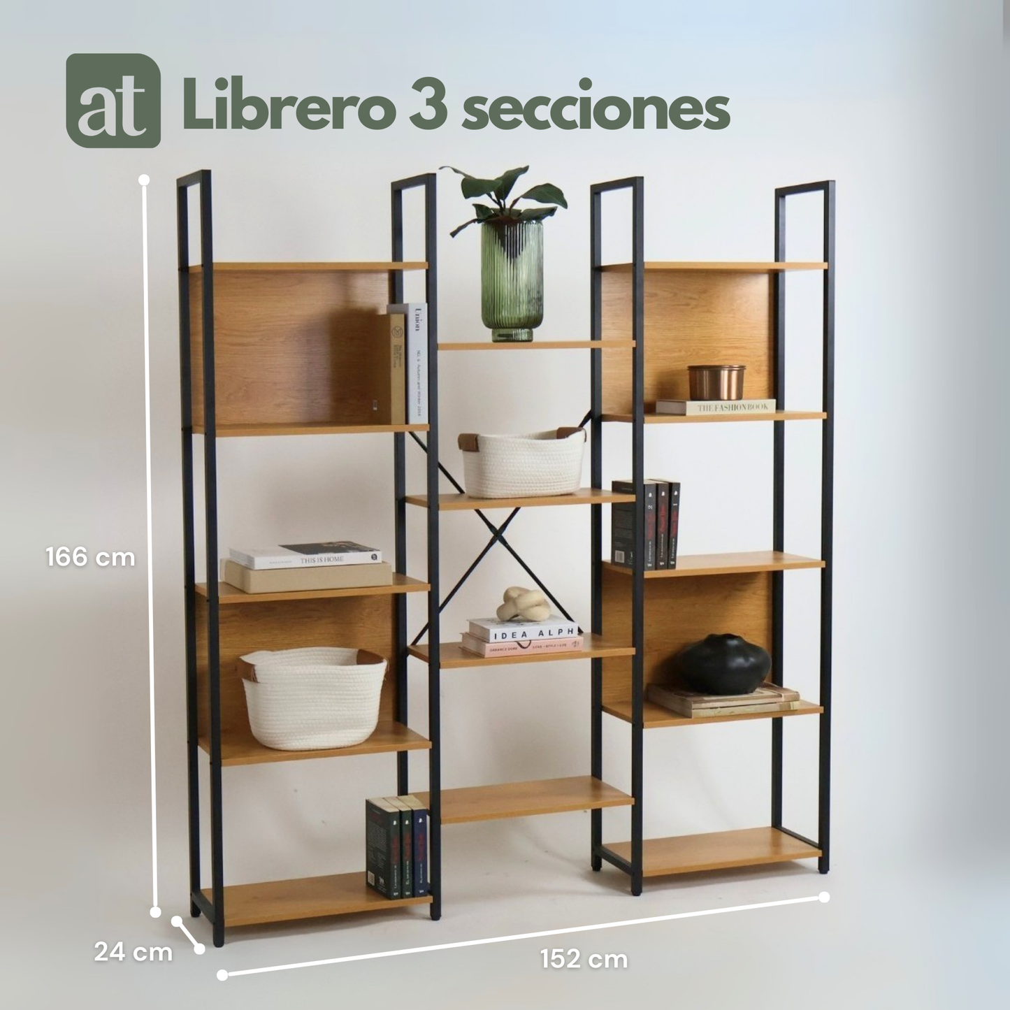 Librero grande con 3 secciones y 14 nichos de madera madera haya