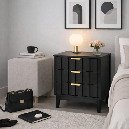 ALTALIA DECO HOME Buró para Recámara Moderno - Mesa de Noche 3 Cajones Almacenamiento - Buro Minimalista Lambrín - 60x48x40cm - Buro Madera MDF - Buros Recámara Mesita Noche Auxiliar (Negro 3 Cajones)