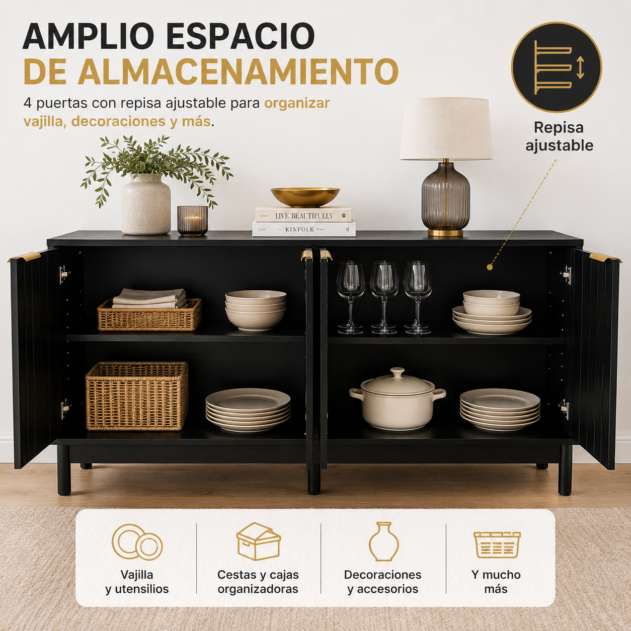 Credenza Bufetera Mueble para Comedor 4 Puertas - Aparador Recibidor Grande 140x40x81 cm - Frente Acanalado Lambrín - Herrajes Dorados - Buffetera para Sala/Recibidor