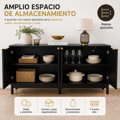 Credenza Bufetera Mueble para Comedor 4 Puertas - Aparador Recibidor Grande 140x40x81 cm - Frente Acanalado Lambrín - Herrajes Dorados - Buffetera para Sala/Recibidor