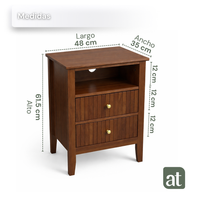 ALTALIA DECO HOME Buró de Madera - Buros para recamara Estilo Moderno Contemporáneo - Mesa de Noche 2 Cajones con Herrajes Dorados y 1 Repisa - Buro para Recámara o Sala Mesita Auxiliar (Café Nogal)