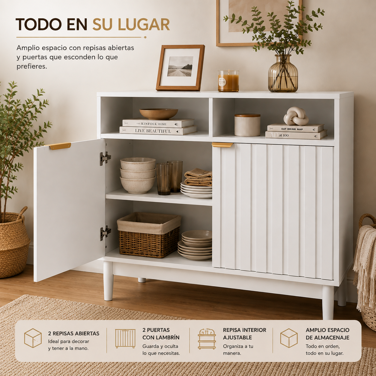 Credenza Bufetera de Madera 88x40x81cm - Trinchador para Comedor con 2 Puertas y Repisas Abiertas - Acabados en Lambrín - Mueble Versátil para Sala, Cocina, Recibidor