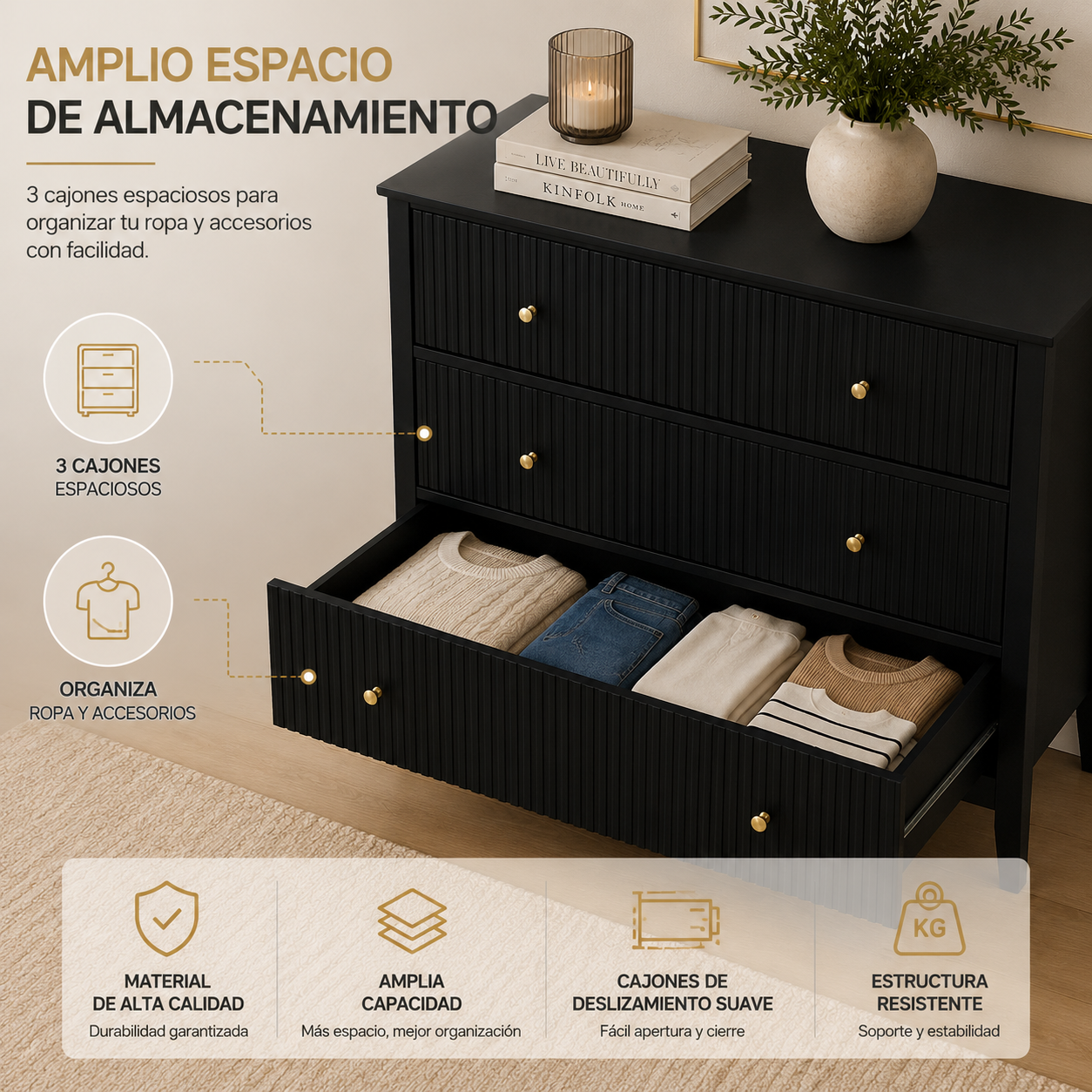 Cajonera para Recamara 90x40x80 cm - Cómoda Cajonera de 3 Cajones Madera de MDF - Muebles Versátiles para Ropa, Comoda Cambiador para Bebe, Mueble TV, Recibidor, Credenza