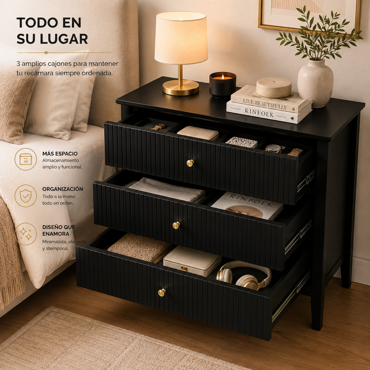 Buró para Recámara Minimalista - Buros Muebles para recamara Anchos, cajonera Mediana de Madera MDF con 3 Cajones - Mesa Auxiliar - 65x40x61.5 cm - Mesa de Noche Ancha