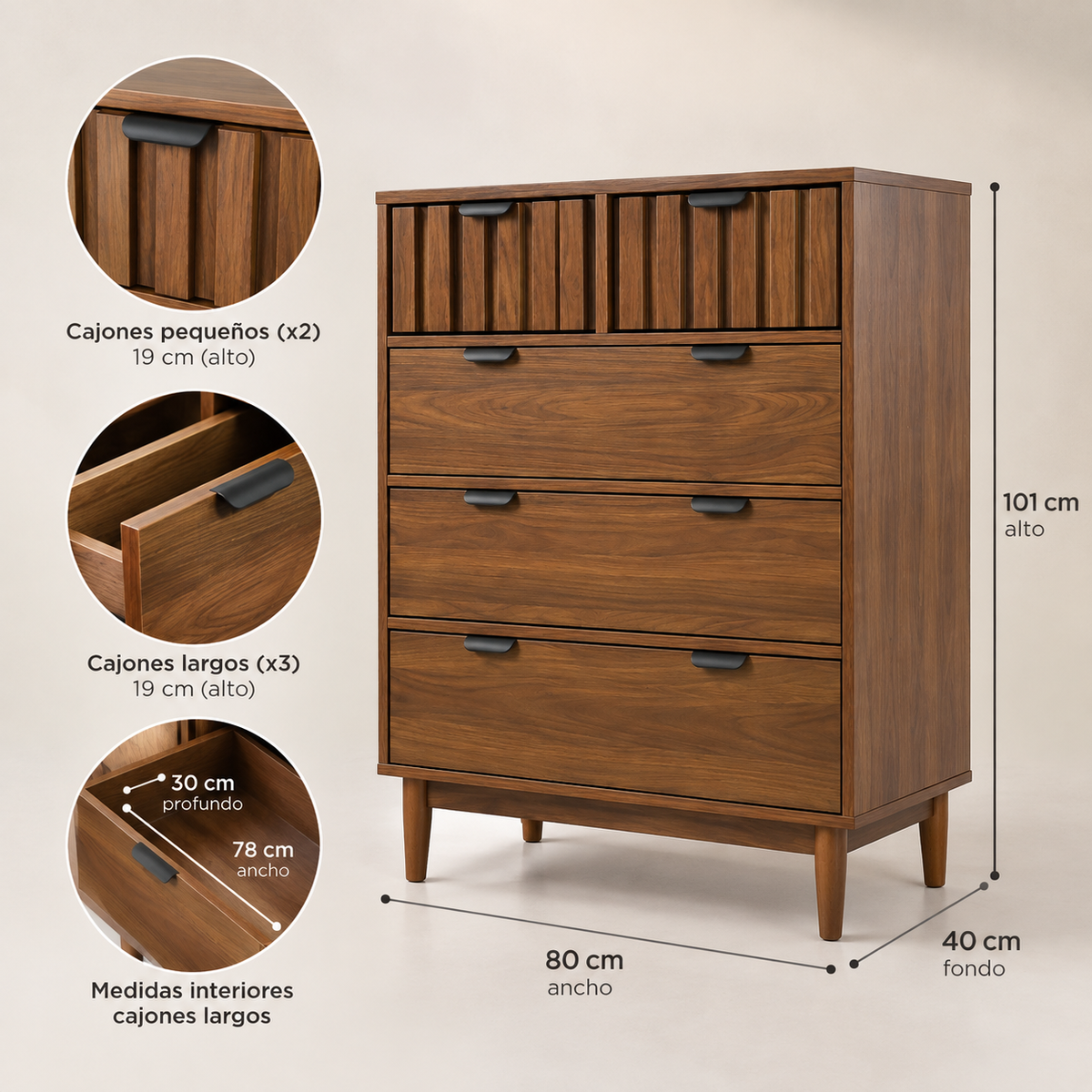 Cajonera Alta Modelo Arno - 80x40x101 cm - Cómoda 5 cajones