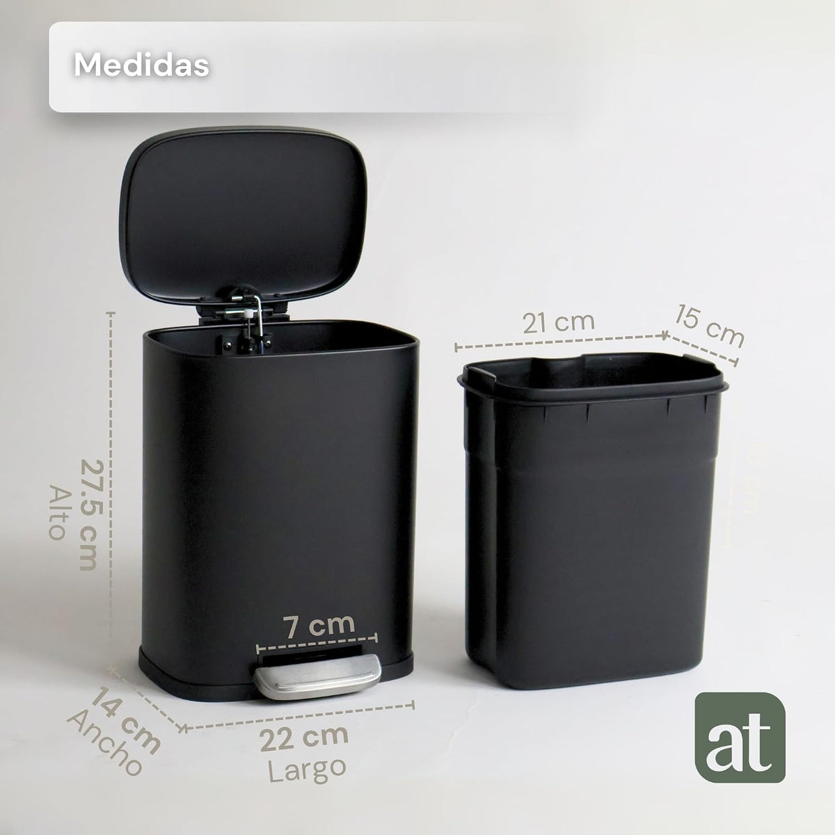 Bote de basura de acero inoxidable negro 5 Litros con pedal y tapa Negro
