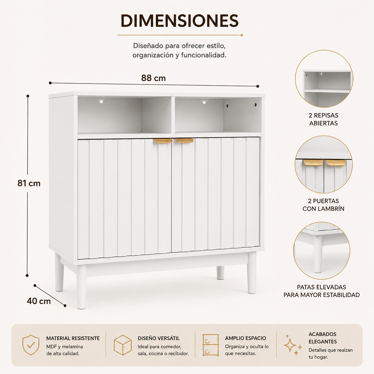 Credenza Bufetera de Madera 88x40x81cm - Trinchador para Comedor con 2 Puertas y Repisas Abiertas - Acabados en Lambrín - Mueble Versátil para Sala, Cocina, Recibidor