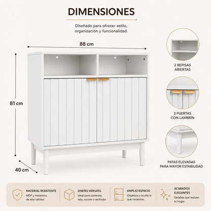 Credenza Bufetera de Madera 88x40x81cm - Trinchador para Comedor con 2 Puertas y Repisas Abiertas - Acabados en Lambrín - Mueble Versátil para Sala, Cocina, Recibidor