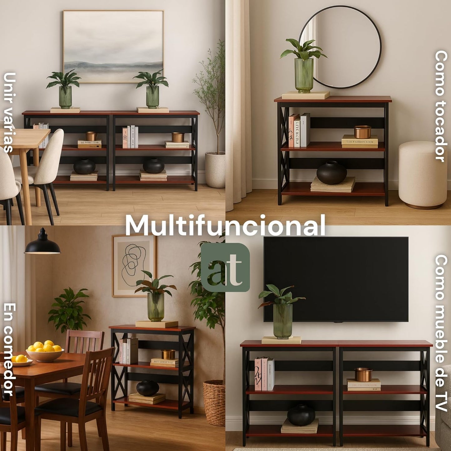 Credenza Recibidor Moderna - Mesa para Recibidor Entrada con 3 Repisas de Madera (Negro con café)