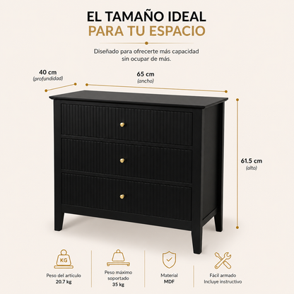 Buró para Recámara Minimalista - Buros Muebles para recamara Anchos, cajonera Mediana de Madera MDF con 3 Cajones - Mesa Auxiliar - 65x40x61.5 cm - Mesa de Noche Ancha