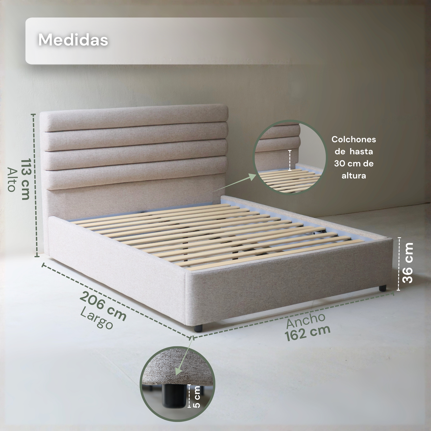 Base Cama con Cabecera Recamara Fácil Armado