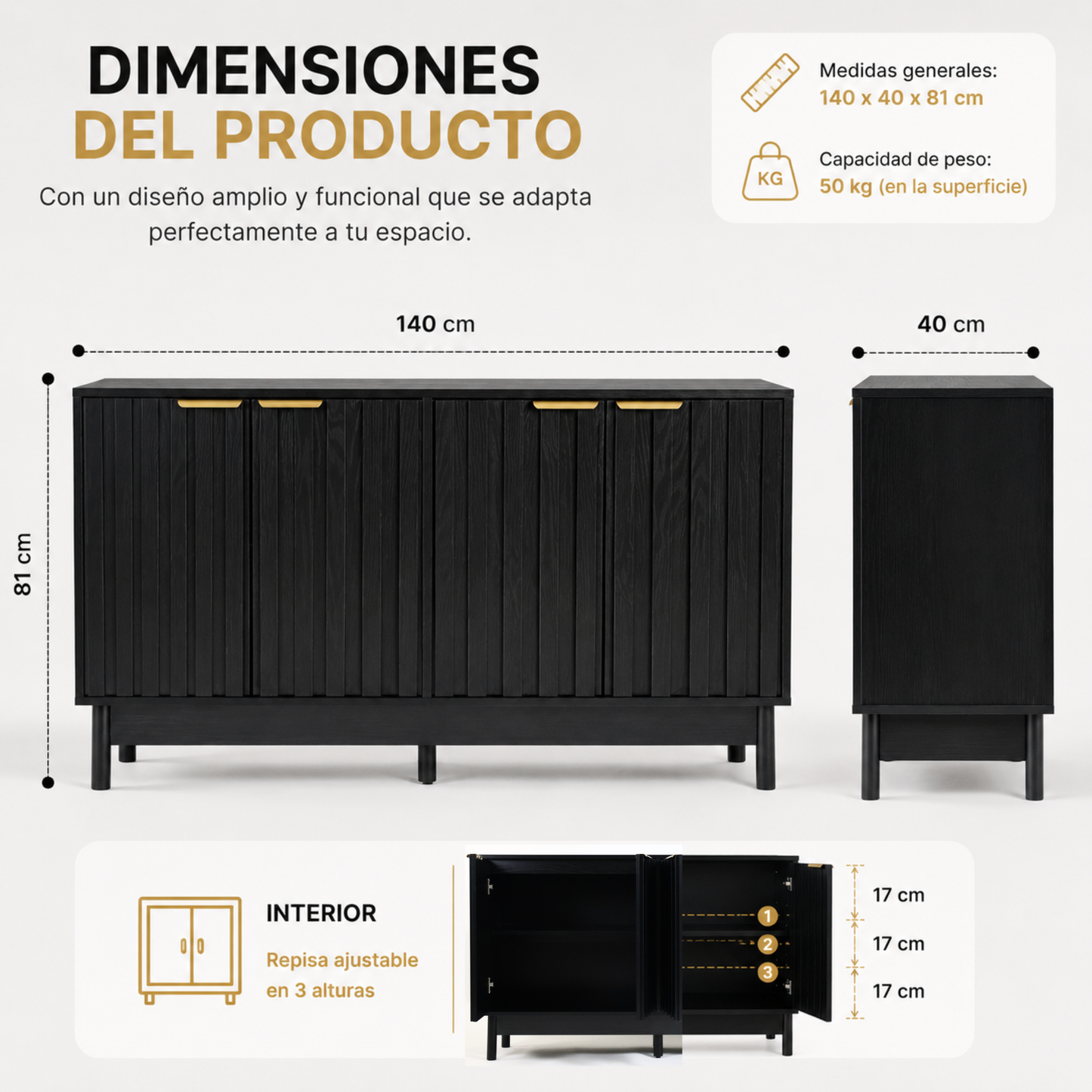 Credenza Bufetera Mueble para Comedor 4 Puertas - Aparador Recibidor Grande 140x40x81 cm - Frente Acanalado Lambrín - Herrajes Dorados - Buffetera para Sala/Recibidor