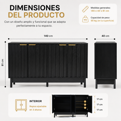 Credenza Bufetera Mueble para Comedor 4 Puertas - Aparador Recibidor Grande 140x40x81 cm - Frente Acanalado Lambrín - Herrajes Dorados - Buffetera para Sala/Recibidor