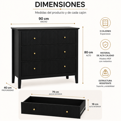 Cajonera para Recamara 90x40x80 cm - Cómoda Cajonera de 3 Cajones Madera de MDF - Muebles Versátiles para Ropa, Comoda Cambiador para Bebe, Mueble TV, Recibidor, Credenza
