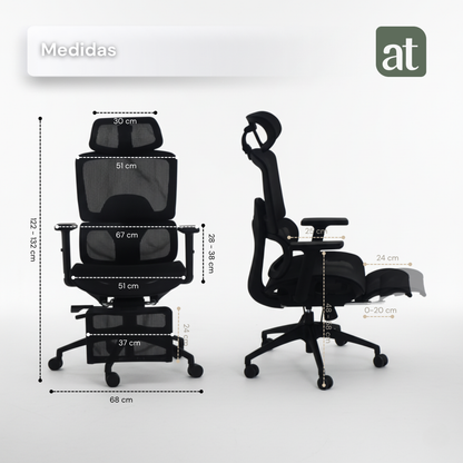 Silla Oficina Ergonómica Soporte Lumbar Silla de Malla para Oficina Asiento Ajustable Negra con reposapies