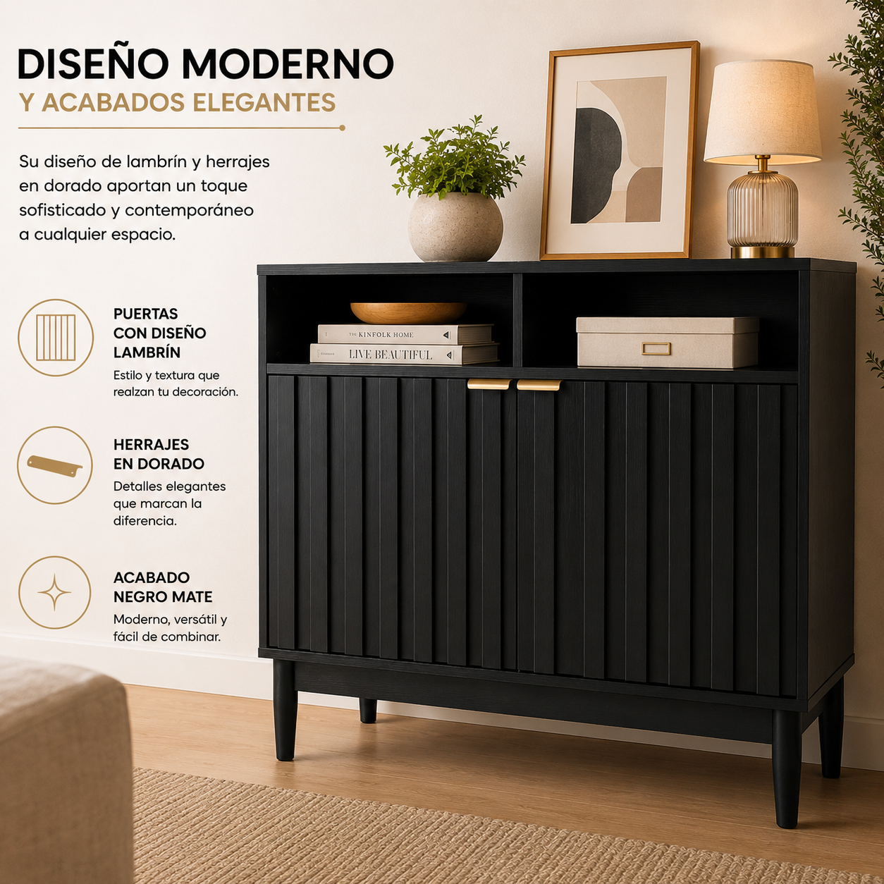 Credenza Bufetera de Madera 88x40x81cm - Trinchador para Comedor con 2 Puertas y Repisas Abiertas - Acabados en Lambrín - Mueble Versátil para Sala, Cocina, Recibidor