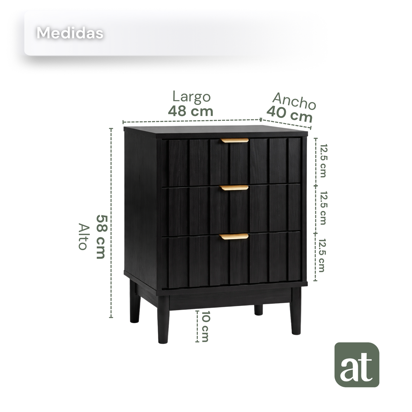 ALTALIA DECO HOME Buró para Recámara Moderno - Mesa de Noche 3 Cajones Almacenamiento - Buro Minimalista Lambrín - 60x48x40cm - Buro Madera MDF - Buros Recámara Mesita Noche Auxiliar (Negro 3 Cajones)