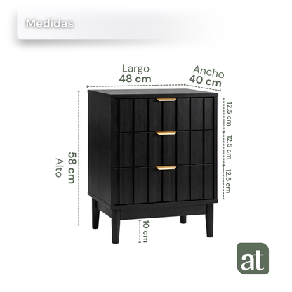 ALTALIA DECO HOME Buró para Recámara Moderno - Mesa de Noche 3 Cajones Almacenamiento - Buro Minimalista Lambrín - 60x48x40cm - Buro Madera MDF - Buros Recámara Mesita Noche Auxiliar (Negro 3 Cajones)